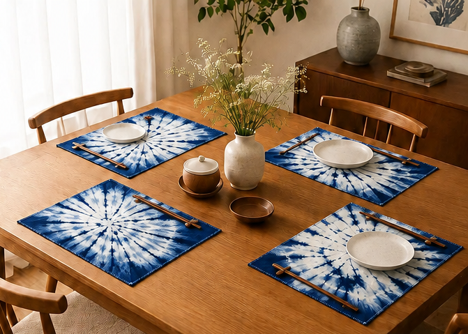 Handmade Cotton Placemats | Indigo Shibori Table Mats | Blue & White Dining Table Decor | Set or Single | Housewarming Gift